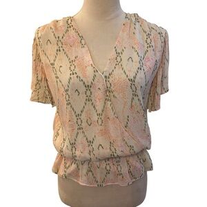 Ramy Brook Cream Short Ruffle Sleeve Faux Wrap Blouse Top Medium Careerwear